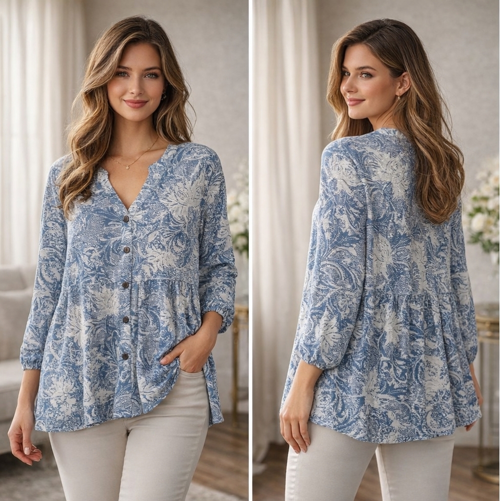 Wonderly Blue & White Printed Peasant Top - Women's Size Large